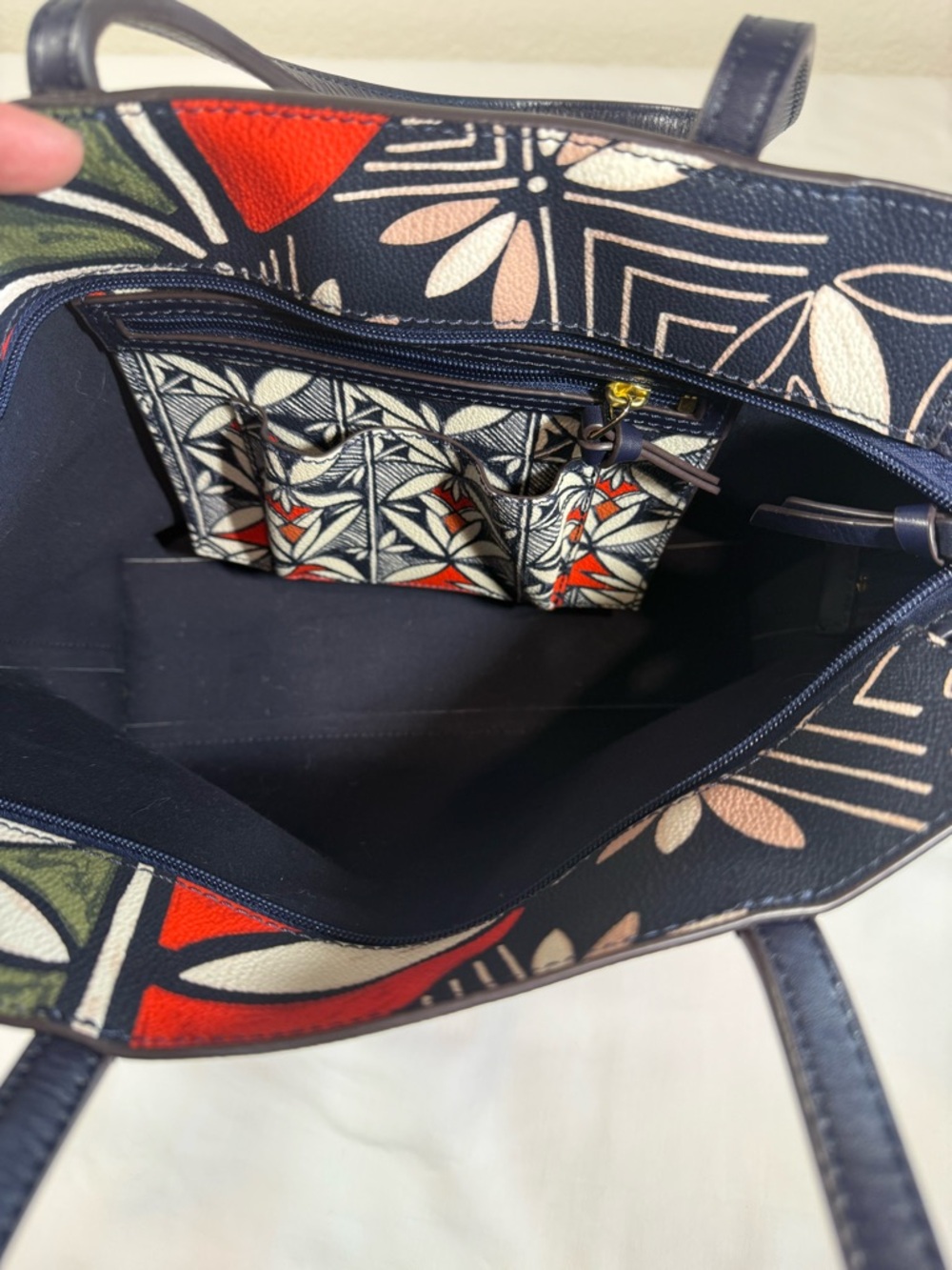 Tory Burch Navy Floral Geo Tote with Red and Olive Accents - Picture 5 of 9
